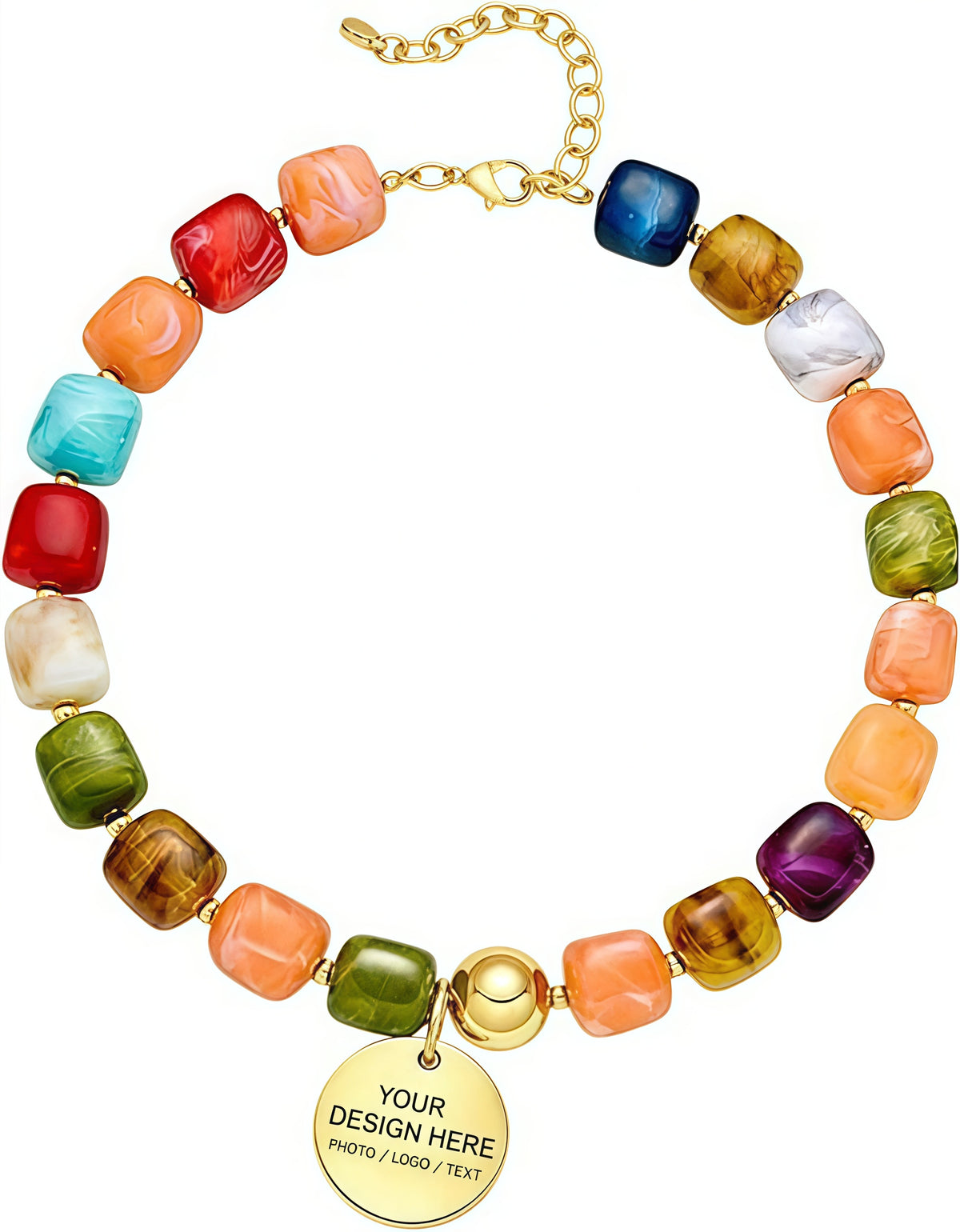 PHABULS Personalized Beaded Necklace for Women, Custom Text Pendant, Boho Rainbow Layered Choker, 14K Gold Plated Resin Beads, Beach Jewelry Gift