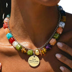 PHABULS Personalized Beaded Necklace for Women, Custom Text Pendant, Boho Rainbow Layered Choker, 14K Gold Plated Resin Beads, Beach Jewelry Gift