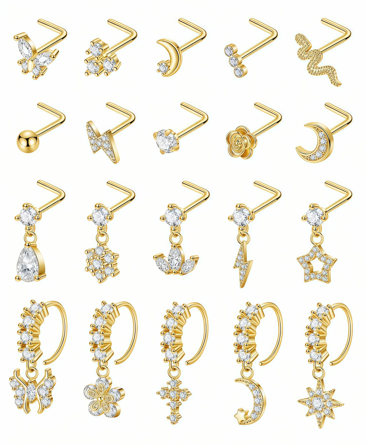 20PCS 20G Surgical Steel Nose Rings, CZ Butterfly Flower Moon Dangle Hoop