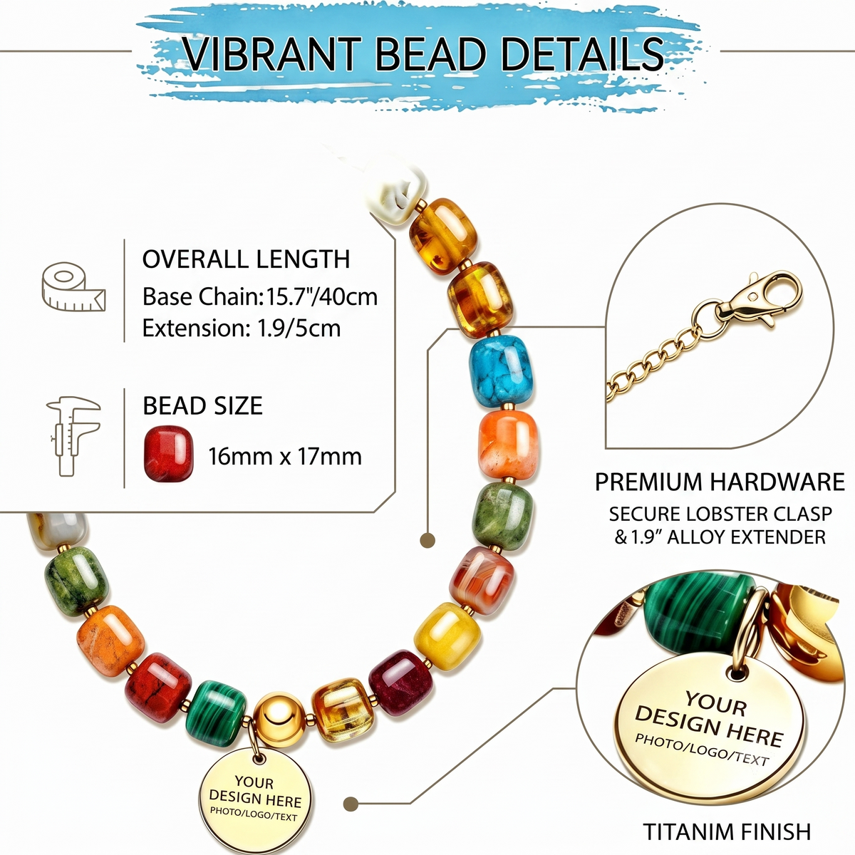 PHABULS Personalized Beaded Necklace for Women, Custom Text Pendant, Boho Rainbow Layered Choker, 14K Gold Plated Resin Beads, Beach Jewelry Gift