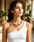 PHABULS Personalized Beaded Necklace for Women, Custom Text Pendant, Boho Rainbow Layered Choker, 14K Gold Plated Resin Beads, Beach Jewelry Gift