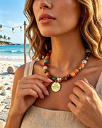 PHABULS Personalized Beaded Necklace for Women, Custom Text Pendant, Boho Rainbow Layered Choker, 14K Gold Plated Resin Beads, Beach Jewelry Gift