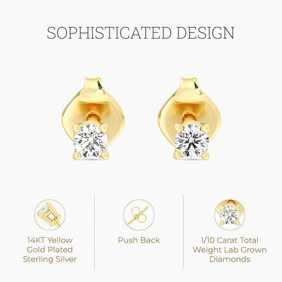 Eloura Gilded Lab-Grown Diamond Stud Earrings, 925 Silver 14KT Gold Plated, Round Cut SI1 F Color