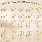 20PCS 20G Surgical Steel Nose Rings, CZ Butterfly Flower Moon Dangle Hoop