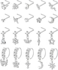 20PCS 20G Surgical Steel Nose Rings, CZ Butterfly Flower Moon Dangle Hoop
