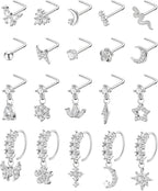 20PCS 20G Surgical Steel Nose Rings, CZ Butterfly Flower Moon Dangle Hoop