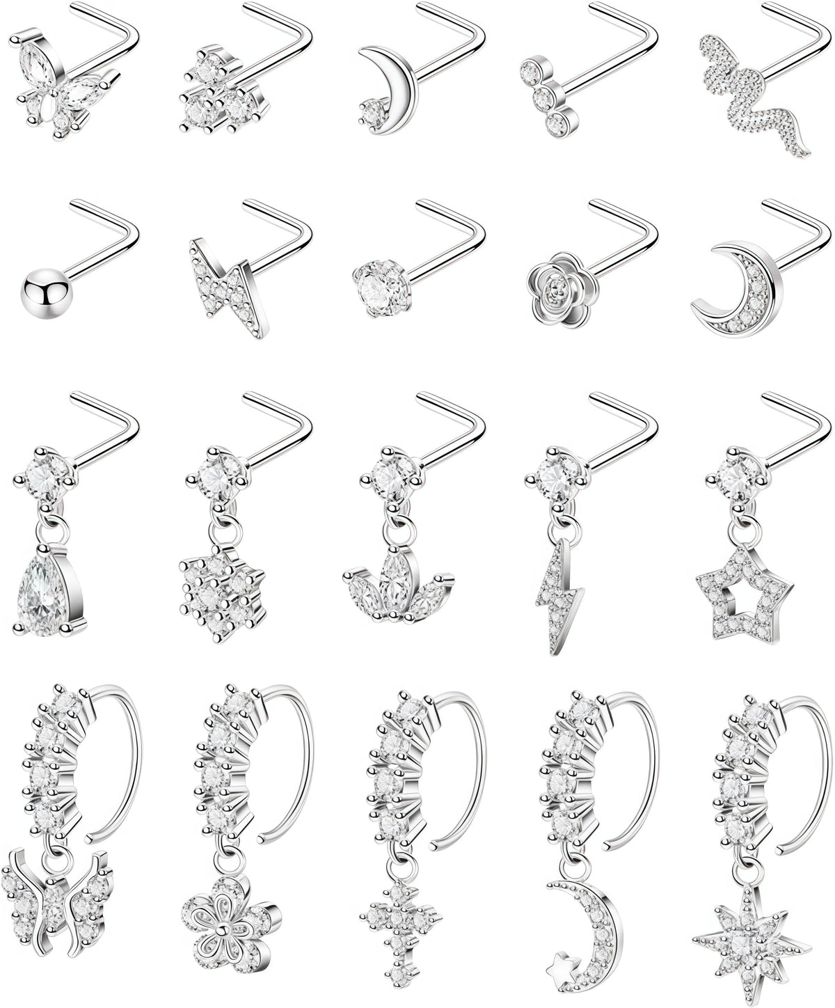 20PCS 20G Surgical Steel Nose Rings, CZ Butterfly Flower Moon Dangle Hoop