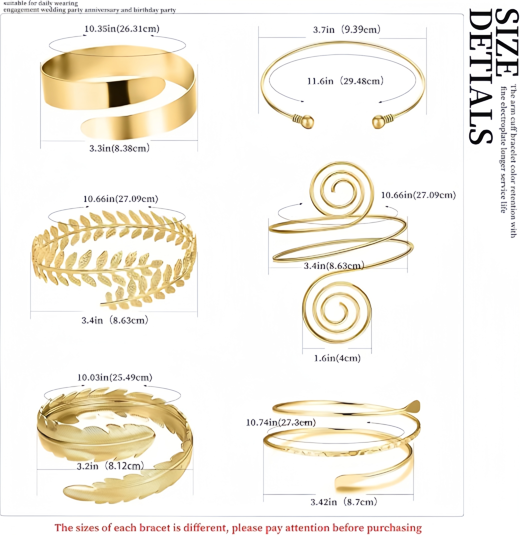 RIOSO 6 Pieces Arm Cuff Upper Arm Band Cuff Bracelet Bangle for Women Adjustable Armband Set