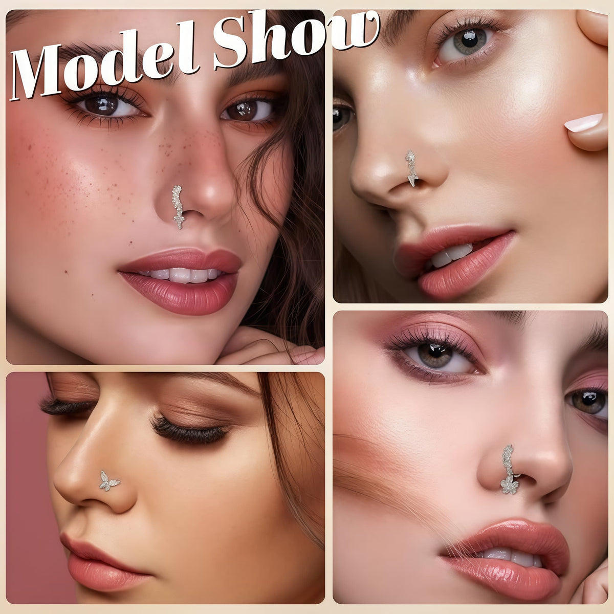 20PCS 20G Surgical Steel Nose Rings, CZ Butterfly Flower Moon Dangle Hoop