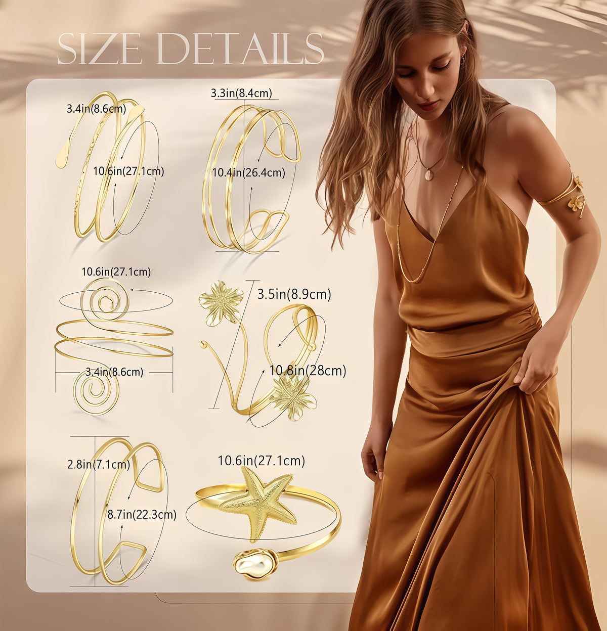 RIOSO 6 Pieces Arm Cuff Upper Arm Band Cuff Bracelet Bangle for Women Adjustable Armband Set